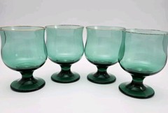 4 Vintage Libbey Tulip Juniper Footed On the Rocks Glasses Green w/Gold Rim