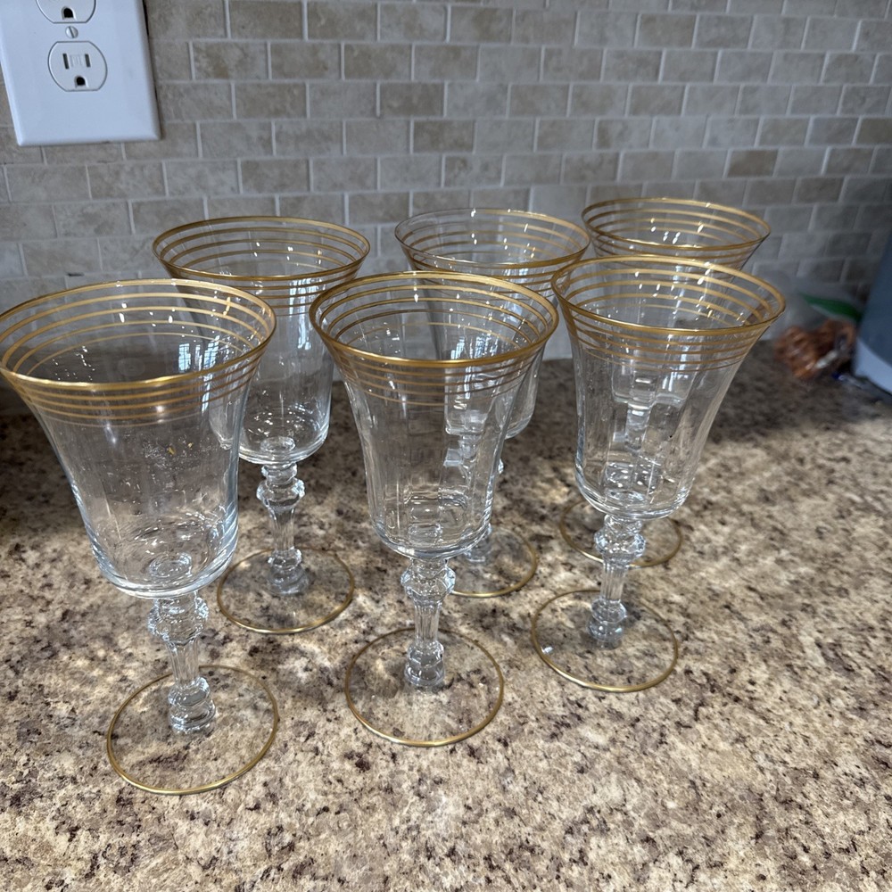 Lot of 6 Tiffin-Franciscan Minton Clear 7-5/8″ Gold Banded Water Goblets READ