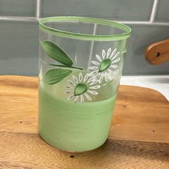 Vintage Frosted Green Glass Tumbler White Daisy Floral Mid Century MCM Unmarked