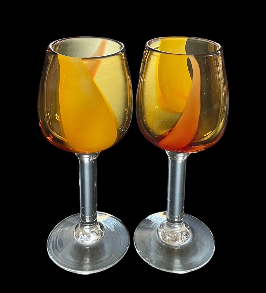 Set Of 2 Vintage Hand Blown Amber Art Glass 8” Wine Goblets Red & Yellow Accents