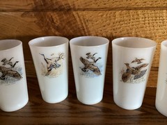 Vintage Set of 6 Fire King Game Bird Milk Glasses Duck, Grouse, Pheasant, MCM