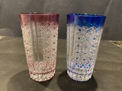 Edo Kiriko cut crystal tumblers red/blue Set of 2 Boxed