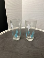 MCM Set Of 2 Diamond Teal And White Cocktail Glasses 5” Set Of 2