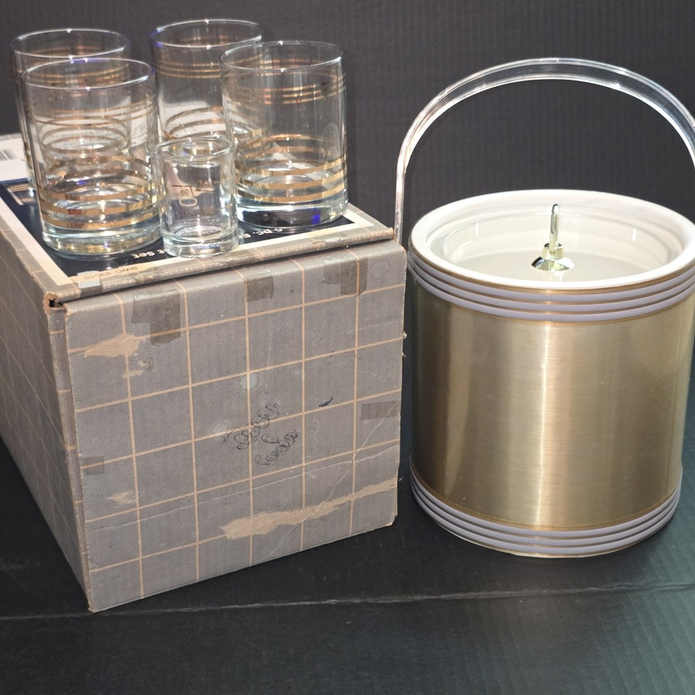 Vintage 6 Piece Monterey Gold Entertainment Set Ice Bucket Old Fashioned Glasses