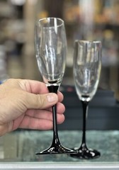 Set Of 2 Luminarc France «Domino Signature Black Stem» Champagne Flutes Glasses