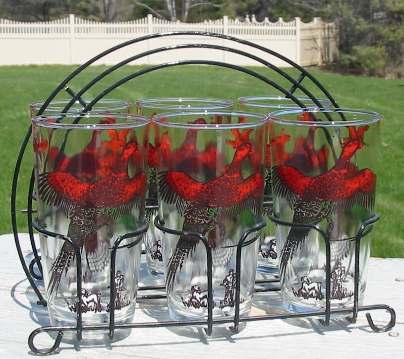 Vtg Hazel Atlas Pheasant Hunting 6 Glass Tumblers Caddy Carrier Cocktail Set Old