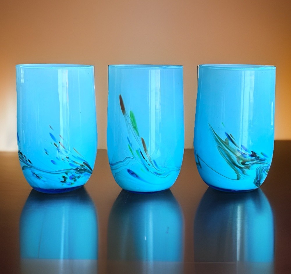 Dalian MCM Cased Hand Blown Art Glass Blue Multicolor 3 Tumbler Set