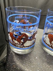 vintage Libbey Glass lowball whiskey glasses featuring a horse racing design…