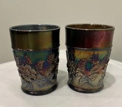 Set Of 2 4” Vintage Dugan Blue Rambler Rose Carnival Glass Tumblers