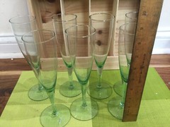 handblown Pale Green tint Champagne Flutes set 5 bullet shape spain? mex? 8.5»