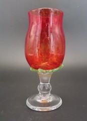 Hand Blown Art Glass Goblet Red with Green Leaves on base 2003 signed 8″ High