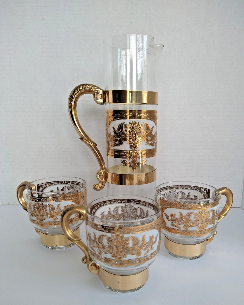 Vintage Russian Martini Cocktail Set Pitcher and 3 Handled Glasses
