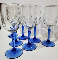 Lenox Crystal Cobalt Blue Stem Swag Drape Gold Rim Wine Glasses, (7), Vtg