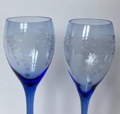 Vintage Handblown Blue Etched Wine Glasses (2) Grapes / Leaves 8 Inches