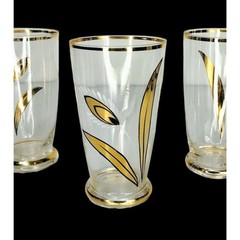 Vintage MCM Barware Wheat Leaf Gold Trim Tom Collins Highball Glasses Set of 3