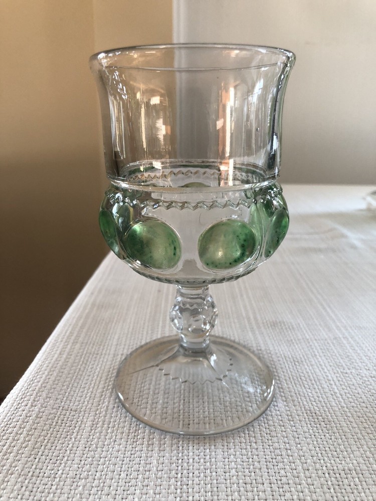 KINGS CROWN THUMBPRINT 5 5/8″ GOBLET-GREEN DOTS XLCR ADAMS & CO EAPG