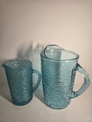 Vintage Anchor Hocking Soreno Aquamarine Pitchers Set of 2 Textured Glass