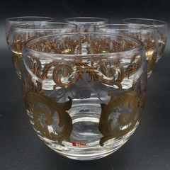 Six (6) MCM Cera 22k Gold Scroll Roly Poly Rocks Glasses Low Ball Tumblers