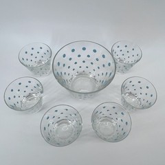 Vintage Hazel-Atlas Set-7 Aqua Polka Dot Barware~1 Ice Bowl & 6 Cocktail Glasses