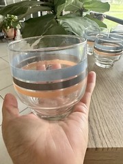 Vintage MCM Set Of 6 Striped Blue And Pink Glasses/cups- Approx Height: 3.5in