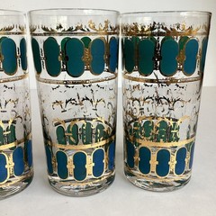 Vintage Set 4 CULVER Azure Blue Scroll Highball Glasses 22k Gold Mid Century
