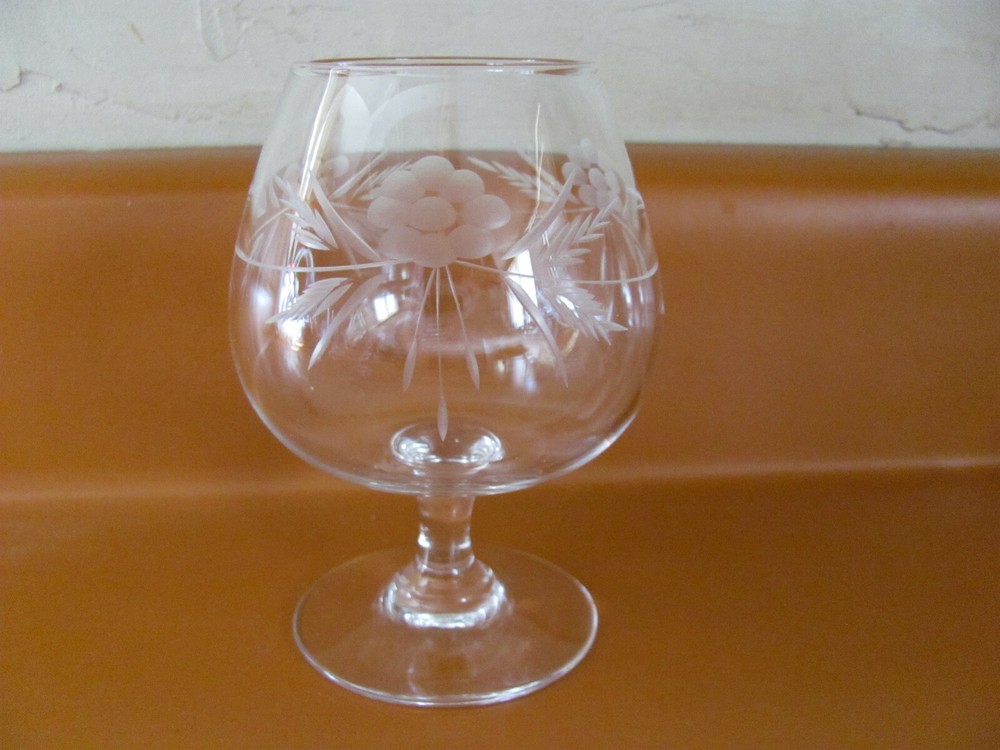 Vintage Crystal Etched Flower & Leaves Design-Smooth Stem-7 oz Brandy Glass(es)
