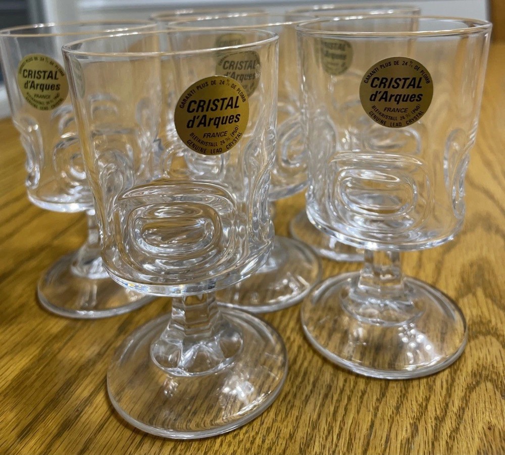 6 Cristal D’Arques Pedestal Wine Juice Glasses Panneled Bowl Design 6 oz 70s