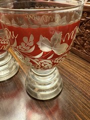 2 Antique Bohemian Engraved Red Cut To Clear Cordial/Shot Glasses