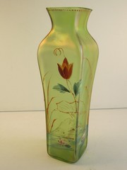 Antique Bohemian Harrach Iridescent Pond Lilies Square Shaped Art Glass Vase