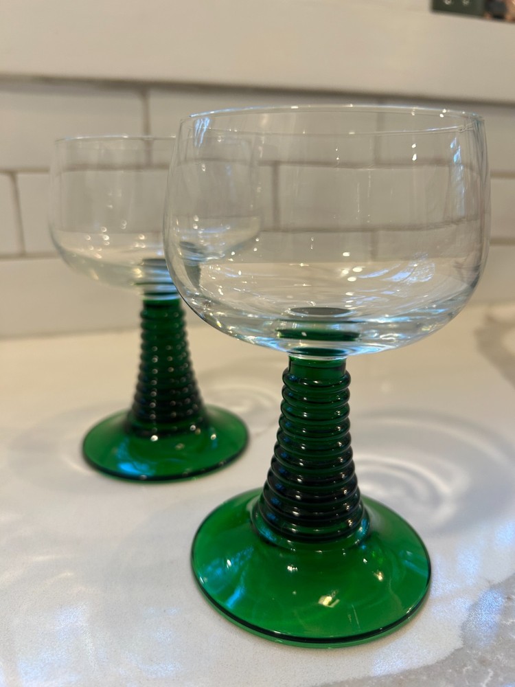 Pair MCM Roemer Green Ribbed Stem Goblets Vintage French Wine Cocktail Barware