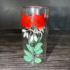 Vintage Hazel Atlas Red & White Floral Glass Tumbler Double Flower Red Green