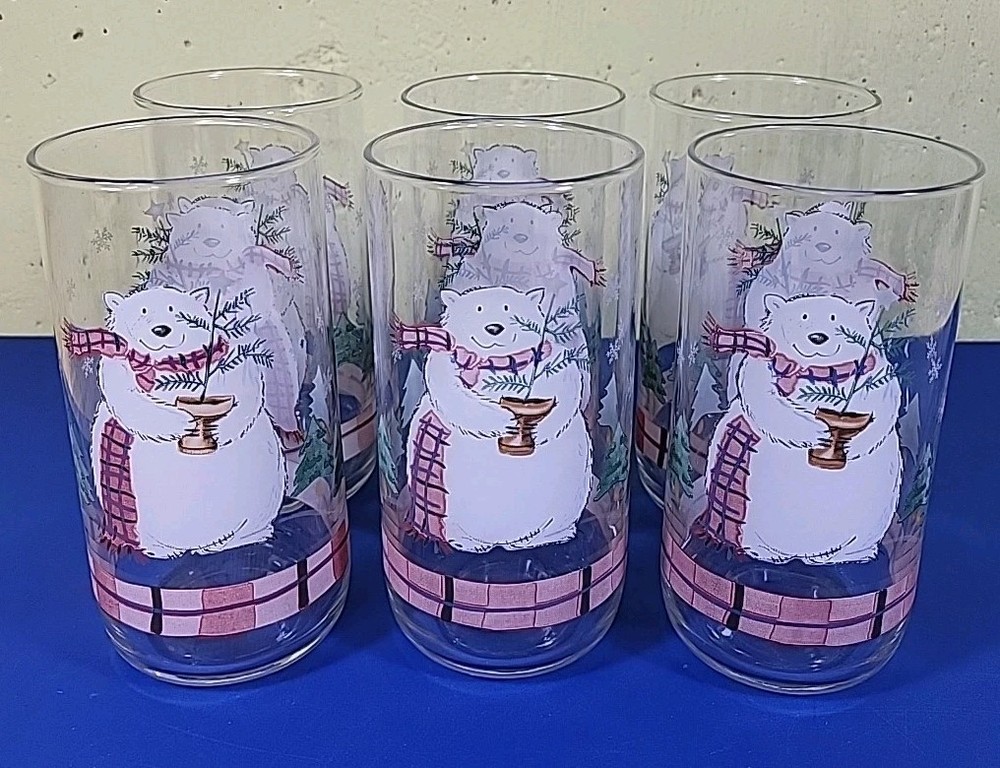 SET OF 6 PFALTZGRAFF LIBBEY SNOW BEAR 14oz Drinking Glasses 5 3/4″ Tumblers MINT