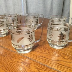 Set of 6 Libbey Glass Co. Silver Leaf 3 1/4-inch Cups Mugs with Metal Handles