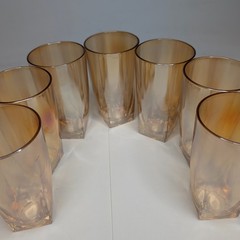 x7 LOT Vtg Peach Lustre Glasses Set Cup Amber Tumbler Iridescent Square Base MCM