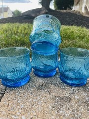 Anchor Hocking Laser Blue Rainflower 3 1/8″ Old Fashion Juice MCM – Set of 4
