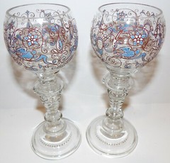 VINTAGE PAIR FRITZ HECKERT ART GLASS FACE BLUE BIRD ENAMEL 7 1/4″ WINE GLASSES