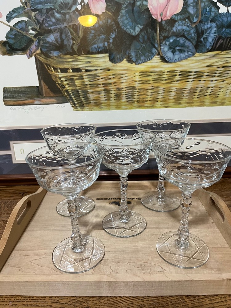 Set5 Rock Sharpe ARCTIC ROSE Hand Blown Clear Cut Stem CHAMPAGNE / TALL SHERBET