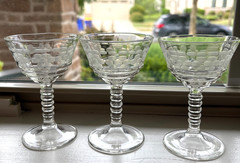 3 Pc Vtg Federal Glass Cocktail Coupe-Etched Dot Pattern, Ringed Stem-1940s
