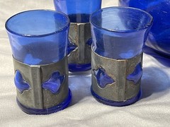 Felipe Derflingher Caged Blue Art Glass Brutalist Decanter & 6 Barware MCM Vtg