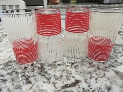 4 Vintage Art Deco Red White Horizontal/Vertical Stripe 3 3/4″ Juice Glasses EXC