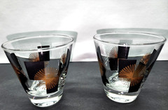 Atomic Double Shot Glasses 3 oz Black Block Gold Starburst MCM Barware Vintage