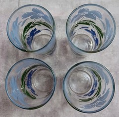 VTG MCM blue flowers 5″ glass set of 4 peanut butter glasses morning glory