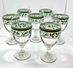 Set of 7 Pfaltzgraff French Quarter Ice Tea Goblets – 16 oz – Green & Gold Band