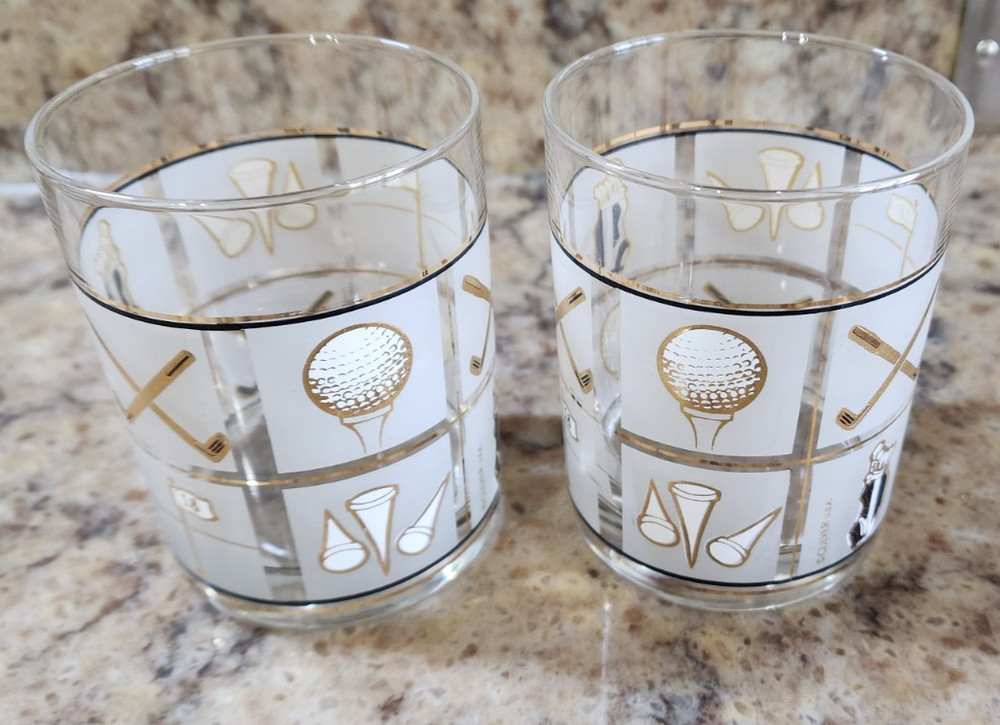 Culver Golf Gold Frosted Fairway MCM Doubled Old Fashioned Glasses Set 2 Vintage
