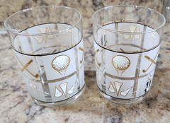 Culver Golf Gold Frosted Fairway MCM Doubled Old Fashioned Glasses Set 2 Vintage