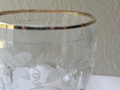 Set of 3 Vintage Bartlett Collins Grape Leaf Etched Glass Goblet Gold Rim
