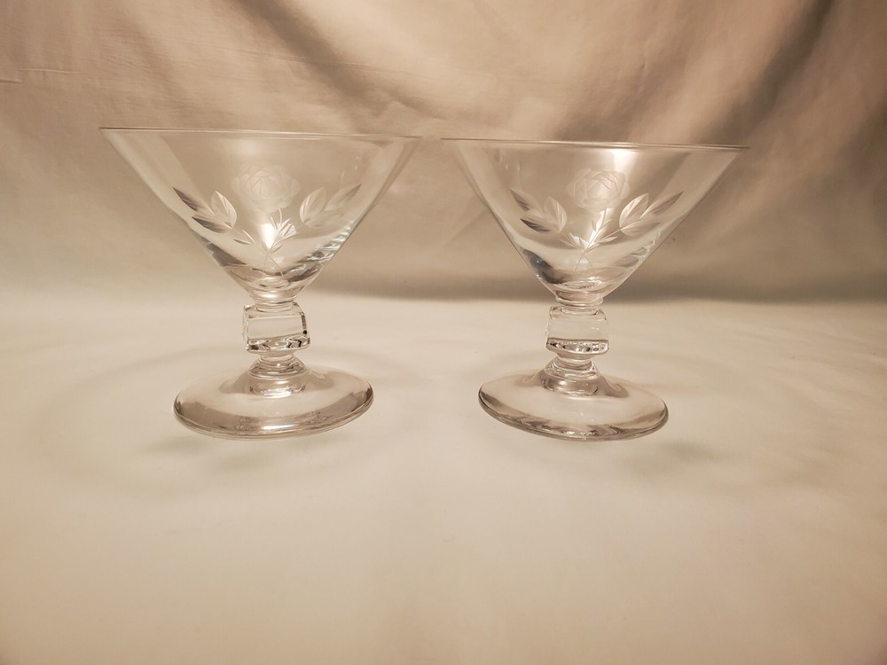 Crystal Cocktail Glasses Dessert Sherbet Cups With Etched Roses Vintage Set of 2