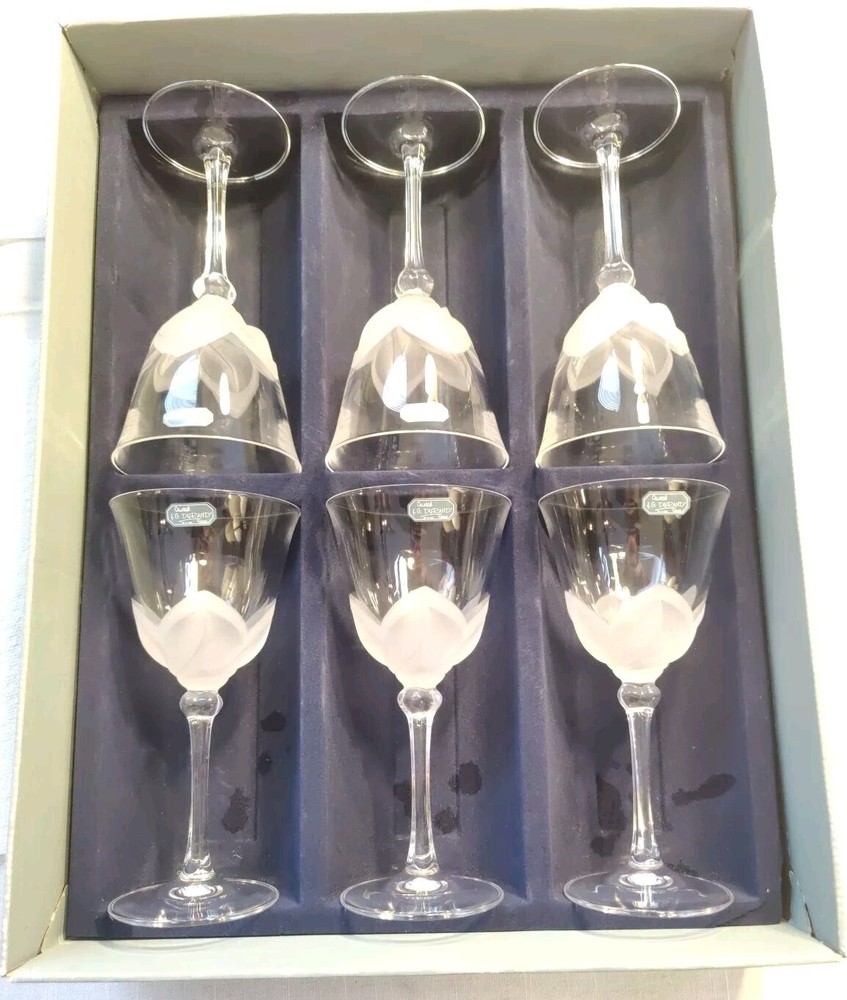NIB 6 Cristal DArques JGDurand Florence Satine Crystal Wine/Water 7.5″X3.5″ 971G