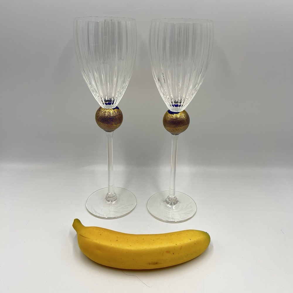 Union Street Glass MANHATTAN-GOLD Large Wine Glass Signed PAIR (X2) EXCELLENT