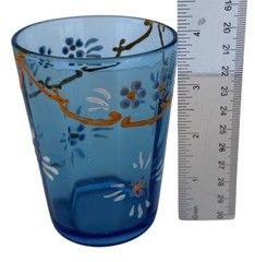 Vintage Enamel Hand‑Painted Glass Tumbler Blue Daisy Vine Design